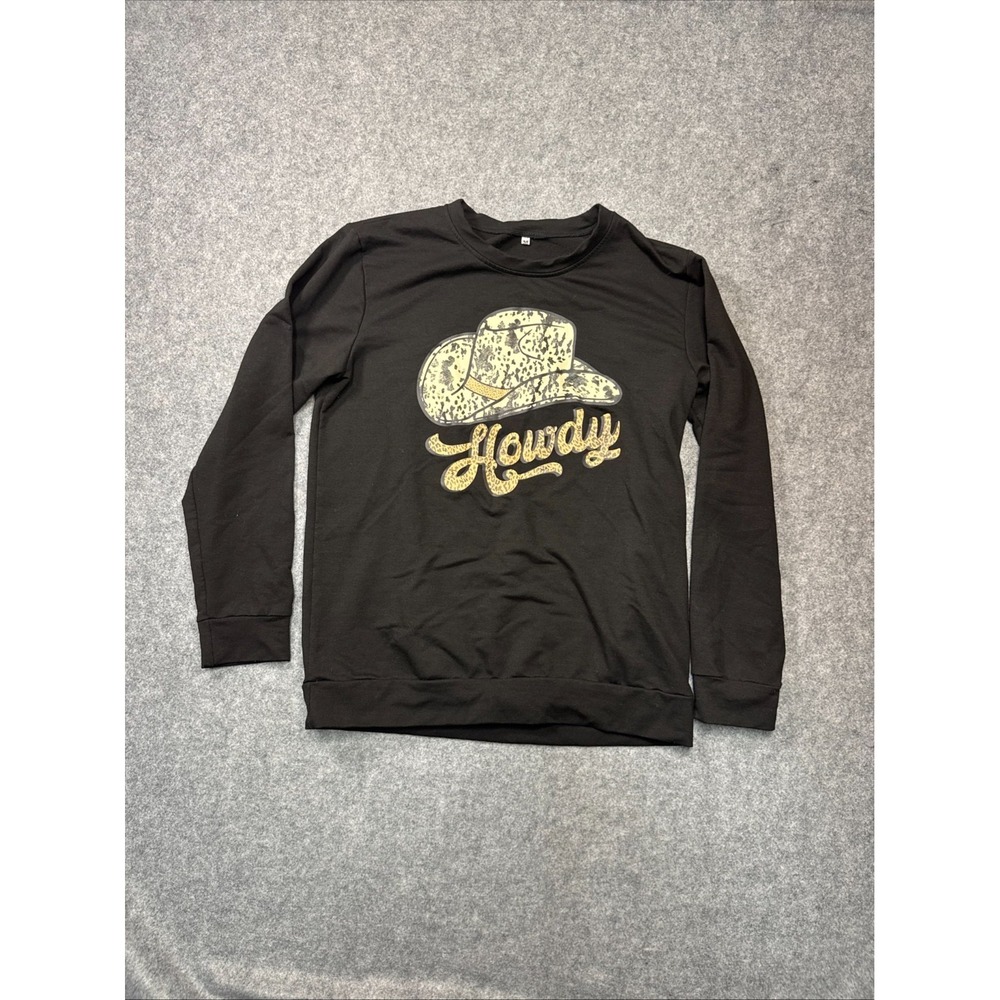 Howdy Western Top Womens Medium Black Cowgirl Graphic Long Sleeve